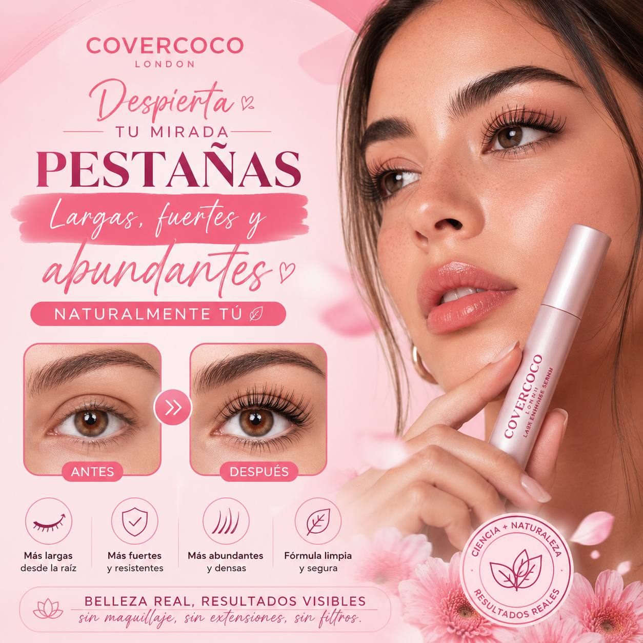 Luce pestañas más largas, fuertes y abundantes de forma natural, sin maquillaje ni extensiones
